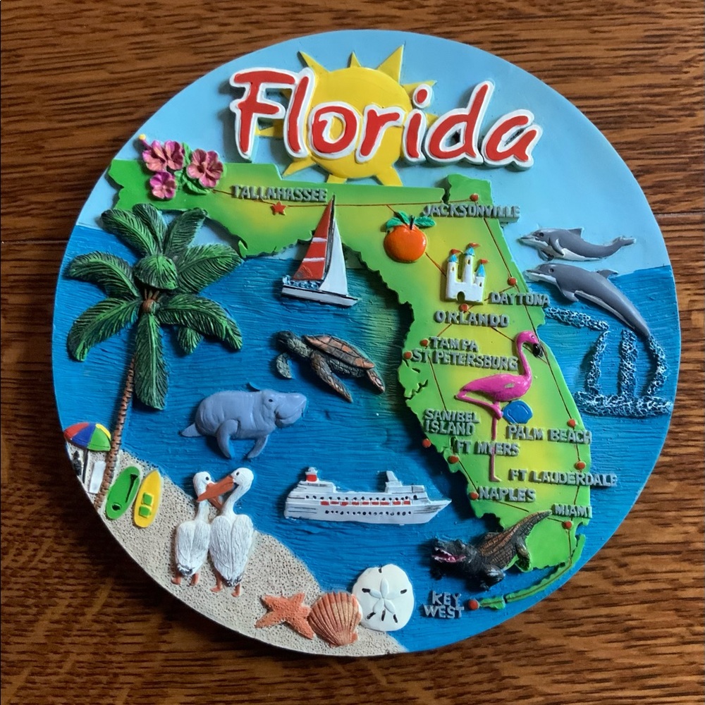Florida souvenir wall plaque 6.85 inches diameter w/ hanger in back